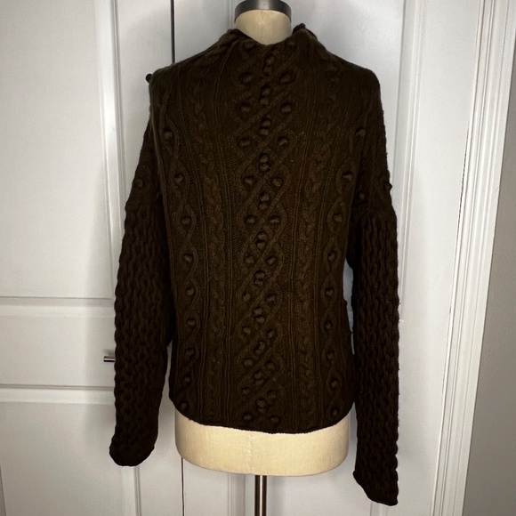 Theory Mixed Cable Knit Sweater in Military Green Brown Size XS wool cashmere - Picture 5 of 14